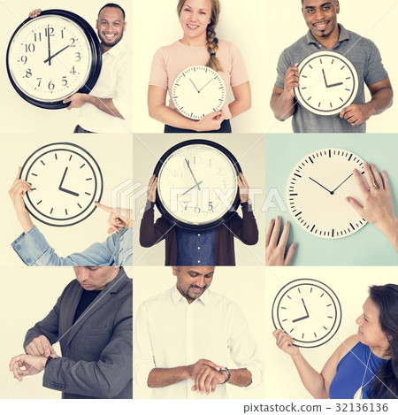 Set of Diverse People With Time Management Studio Collage Set of Diverse People With Time Management Studio Collage 32136136