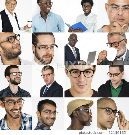 People Set of Diversity Men Wearing Eyeglasses Studio Collage 32136185