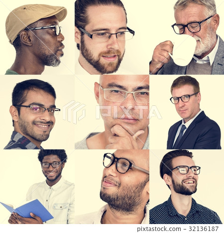 People Set of Diversity Men Wearing Eyeglasses Studio Collage 32136187