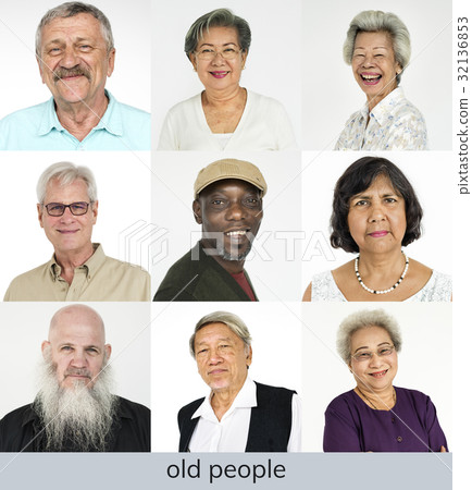 Set of Diversity Senior Adult People Face Expression Studio Collage 32136853