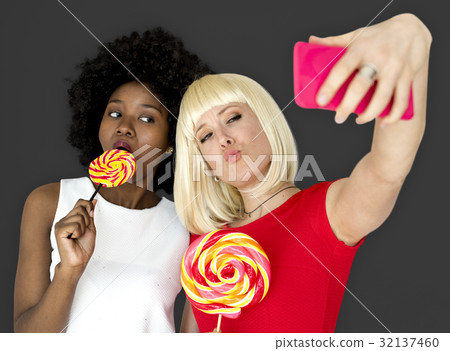 Friends Lollipop Candy Taking Selfie 32137460
