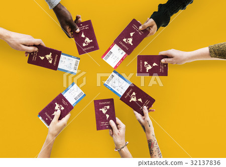 Group of hands holding passport in aerial view 32137836