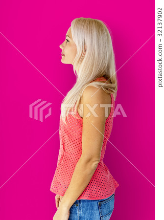 Adult Woman Serene Face Expression Side Gesture Studio Portrait 32137902