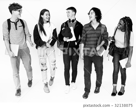 Group of students walking and talking together Group of students walking and talking together 32138075
