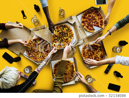 Group of poeple enjoy the italian cuisine pizza Group of poeple enjoy the italian cuisine pizza 32138086
