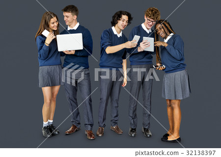 Group of Diverse Students Using Digital Devices Studio Portrait 32138397