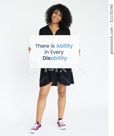 Woman holding target plan banner Woman holding target plan banner 32138398