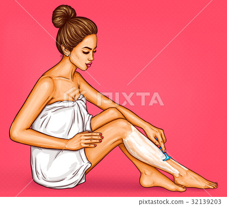 Pop art woman in a white bath towel shaves her 32139203