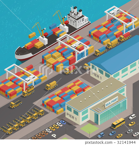 Freight Barge Harbor Wharf Isometric Freight Barge Harbor Wharf Isometric 32141944