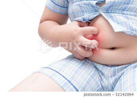 obese fat boy scratch the itch with hand on belly 32142064