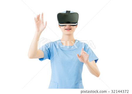 asian female surgeon touch screen by VR headset asian female surgeon touch screen by VR headset 32144372
