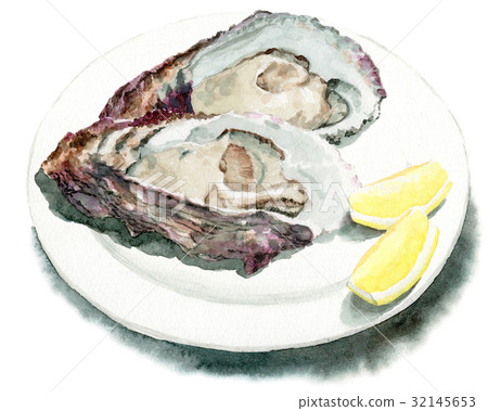 Raw oysters and lemon on an analog watercolor plate 32145653