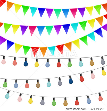 Garlands of flags and colored lamps. Garlands of flags and colored lamps. 32149355
