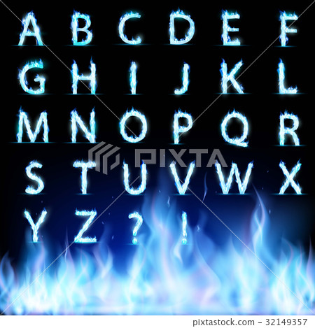 Set of letters. Font burning with a blue flame. 32149357