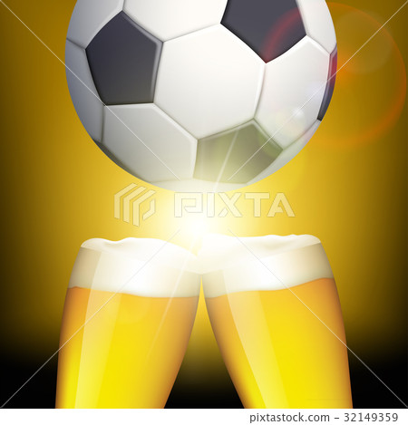 Glasses of beer and a soccer ball. 32149359