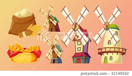 Cartoon illustrations traditional old windmills. 32149592