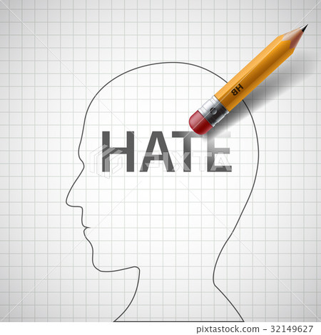 Pencil erases in the human head the word hate. Pencil erases in the human head the word hate. 32149627