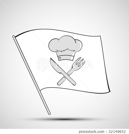 Icon chef hat, knife and fork on a white flag. 32149652