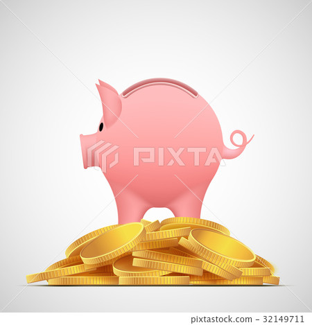 Piggy bank pig on the heap gold coins. Save money. 32149711