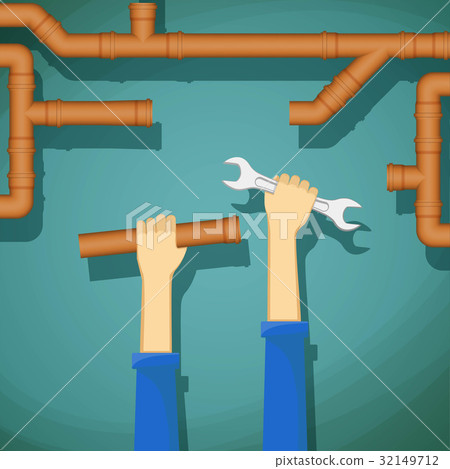 Plumber holding in his hand wrench and water pipe. 32149712