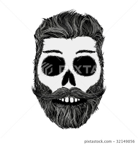 Sketch of human skull with a mustache and beard. 32149856