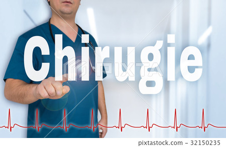 Chirugie (in german Surgery) doctor shows on viewer with heart r Chirugie (in german Surgery) doctor shows on viewer with heart r 32150235