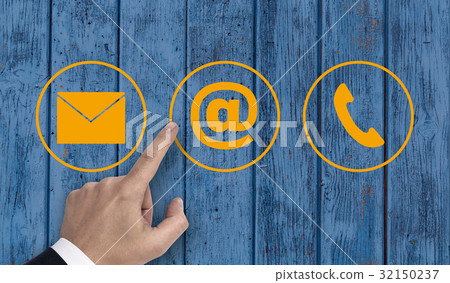 Hand pointing at contact options icons e-mail letter telephone Hand pointing at contact options icons e-mail letter telephone 32150237