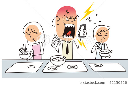 A man preaching on a smartphone while eating 32150326