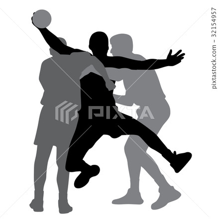 Two handball players blocking opponent player Two handball players blocking opponent player 32154957