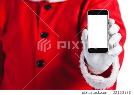 Santa claus showing mobile phone against white background Santa claus showing mobile phone against white background 32163188