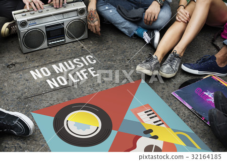 Group of people listening to leisure music activity Group of people listening to leisure music activity 32164185