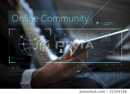 Businessman connected with global communications network Businessman connected with global communications network 32164186