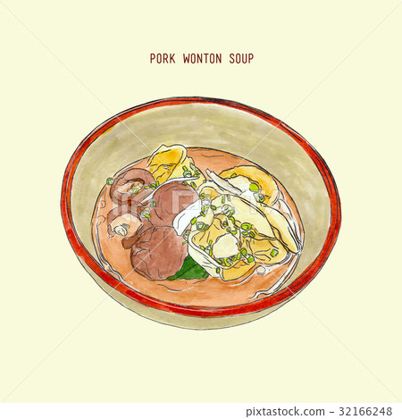 pork wonton soup , hand drawn sketch vector. 32166248