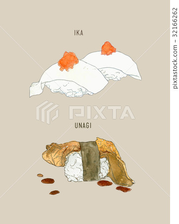 ika or squid sushi and unagi or eel sushi . 32166262