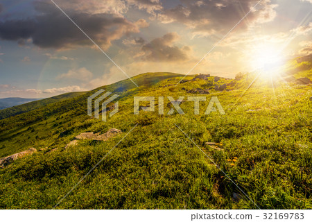 grassy hillside of mountain in summer at sunset grassy hillside of mountain in summer at sunset 32169783