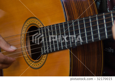 The guitar is placed in the garden next to the hou 32170015