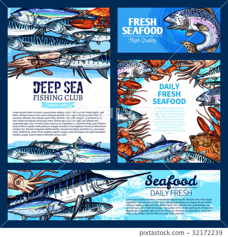 Fish And Seafood Fishing Club Banner Template Set Stock