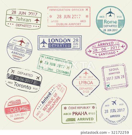 Passport stamp of travel visa isolated set design 32172259