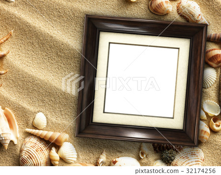 Picture frame on shells and sand background Picture frame on shells and sand background 32174256