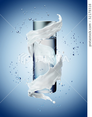 Cream bottle mock up in water splash on blue 32178318