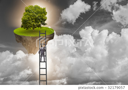 Businessman climbing to floating island Businessman climbing to floating island 32179057