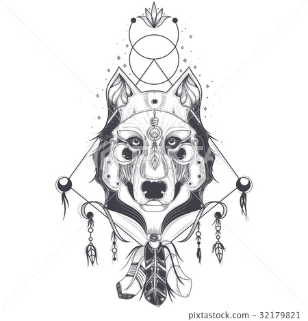 Vector illustration of a front view of a wolf head 32179821