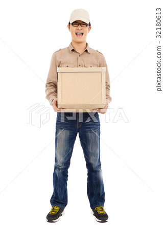 full of delivery man holding parcel and standing 32180613