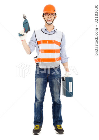 Male worker holding power drill and tool box Male worker holding power drill and tool box 32183630