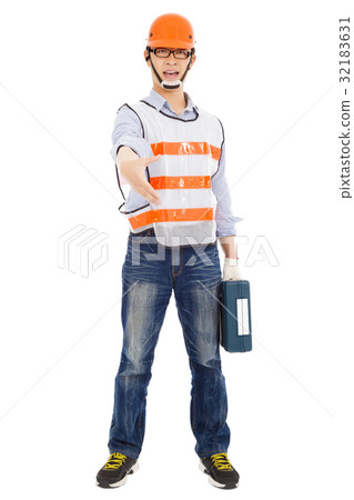 Male worker  holding  tool box and handshake pose 32183631