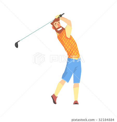 Smiling bearded cartoon golf palyer character