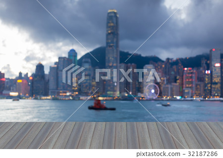 City of Hong Kong blurred bokeh light seafront 32187286