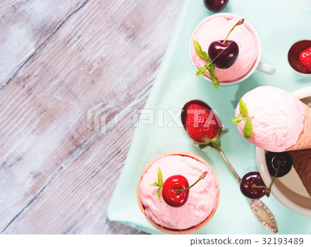 Home made strawberry ice cream served. Top view 32193489