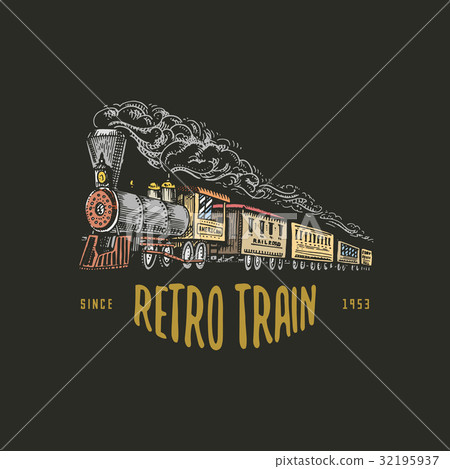 engraved vintage, hand drawn, old locomotive or 32195937