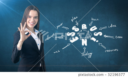 Woman in a suit standing near wall with ok sign a 32196377
